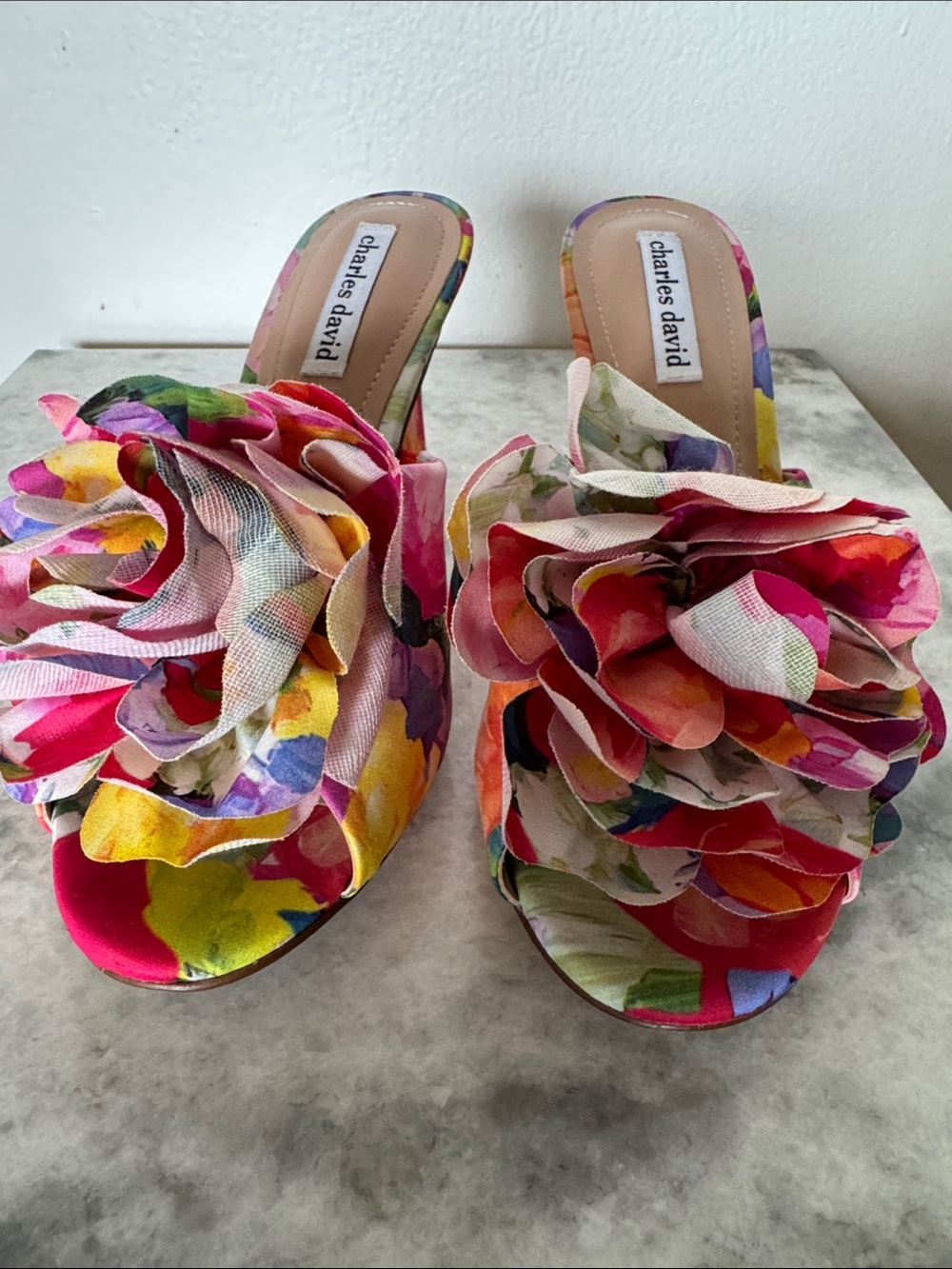 Charles David Floral Multi-Color Ruffle Slide Mules